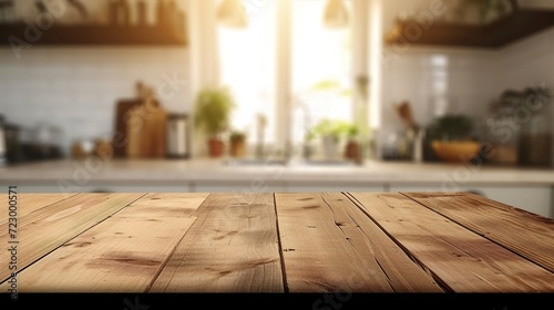 wood tabletop counter with bokeh-style blurry background of a modern interior kitchen.