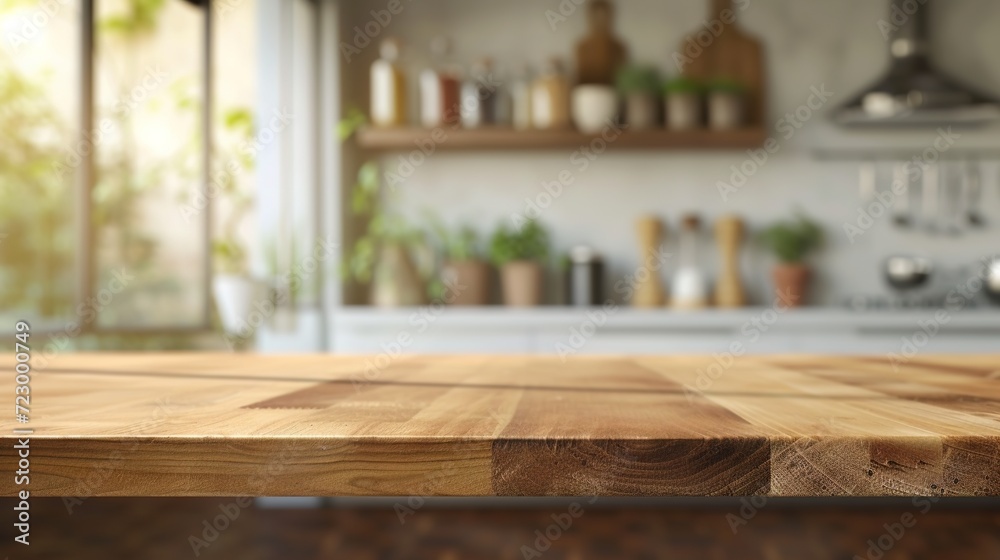 wood tabletop counter with bokeh-style blurry background of a modern interior kitchen. wood tabletop counter with bokeh-style blurry background of a modern interior kitchen.