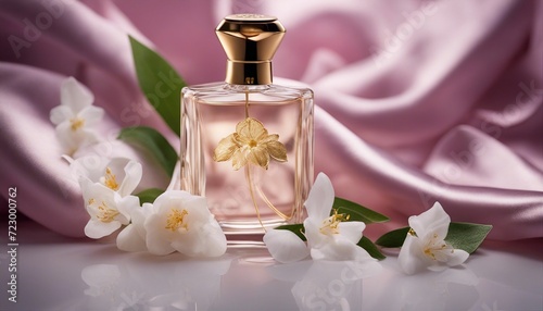 silk fabric with an elegant perfume bottle and decorative jasmine flower, iris flower, rose flower. 