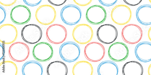 Doodle colorful rings seamless pattern. Hand drawn circles sketch. Vector for clothes, background, print, package, wrapping.