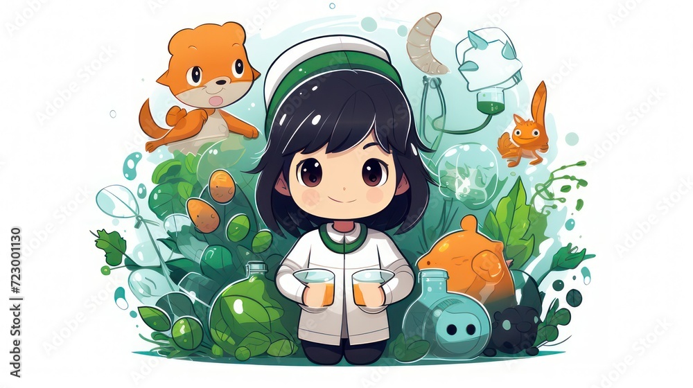 Fototapeta premium Illustration of a female student studying biology in a laboratory with a decorative background of green plants and animals.