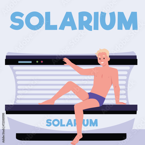 Banner for beauty treatments in solarium with man sunbathing, flat vector.