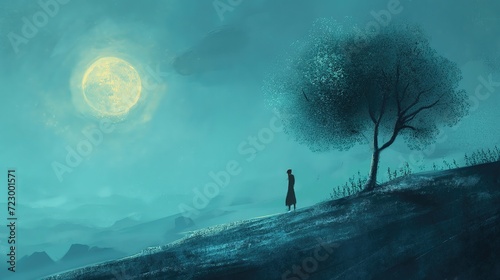 grungy noise texture art, a girl on hill at night time with full moon and a tree , whimsical fantasy fairytale contemporary creative illustration, Generative Ai photo