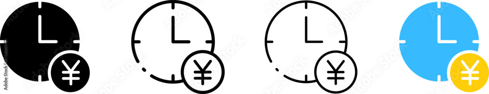 Yen and clock. Different styles, Yen inside clock icons. Vector icons Yen and clock. Different styles, Yen inside clock icons. Vector icons