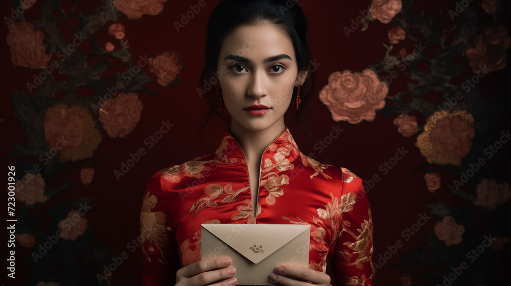 Happy Chinese new year. Asian woman wearing traditional qipao dress holding angpao or red packet monetary gift Happy Chinese new year. Asian woman wearing traditional qipao dress holding angpao or red packet monetary gift