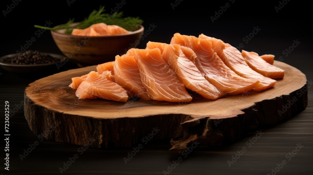 Slices of fresh raw salmon are neatly arranged on a wooden cutting board, with a sprinkling of natural spices. Slices of fresh raw salmon are neatly arranged on a wooden cutting board, with a sprinkling of natural spices.