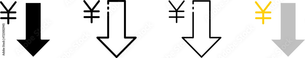 Yen and down arrow icons. Different styles, Yen icon set, down arrows. Vector icons Yen and down arrow icons. Different styles, Yen icon set, down arrows. Vector icons