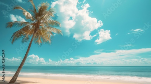 Abstract background of white clouds and blue sky with palm tree on tropical beach.