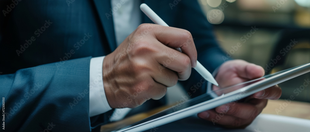 Businessman using a digital tablet, detail shot highlighting modern executive work