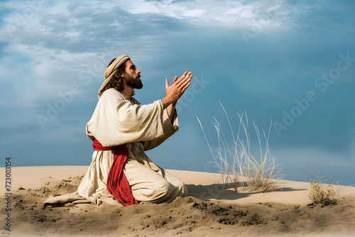 Saint man praying to God in desert, asking salvation, faith in better life