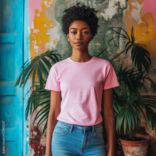 Pink T-shirt Mockup, Black Woman, Girl, Female, Model, Wearing a Pink Tee Shirt and Blue Jeans, Fitted Blank Shirt Template, Standing in a Room with Plants, Close-up View
