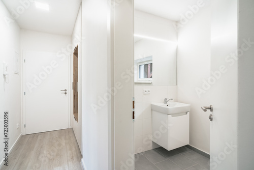 A Bright bathroom with a sink and mirror  and a hallway leading to an exit door.