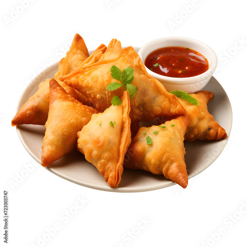 food plate with vegetarian indian samosas isolated on a transparent or white background as png, generative AI food