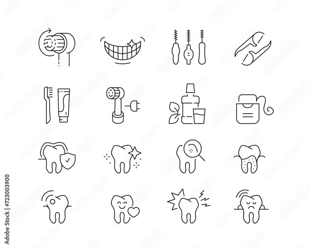 Dental Hygiene Icon collection containing 16 editable stroke icons. Perfect for logos, stats and infographics. Edit the thickness of the line in Adobe Illustrator (or any vector capable app). - obrazy, fototapety, plakaty 