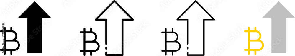 Bitcoin with arrow up icons. Different styles, set of BTC coins, up arrows. Vector icons Bitcoin with arrow up icons. Different styles, set of BTC coins, up arrows. Vector icons