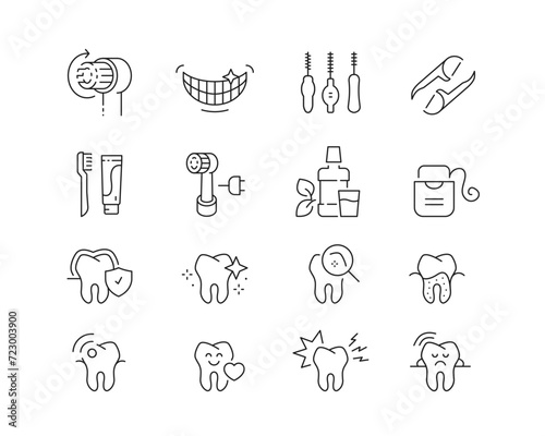 Dental Hygiene Icon collection containing 16 editable stroke icons. Perfect for logos, stats and infographics. Edit the thickness of the line in Adobe Illustrator (or any vector capable app).