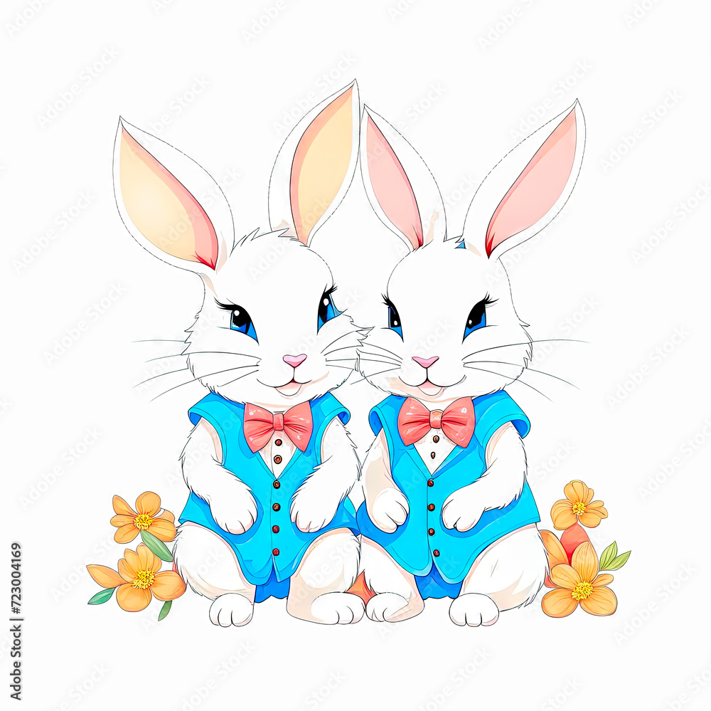 Two cute cartoon rabbits on a white background isolated. Design for babies and children.