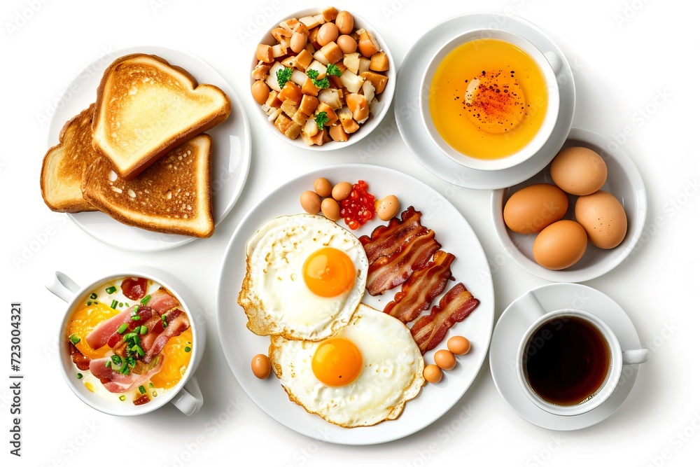 Full american breakfast isolated on white, top view, copy space. Full american breakfast isolated on white, top view, copy space.