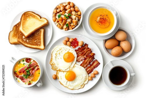 Full american breakfast isolated on white, top view, copy space.