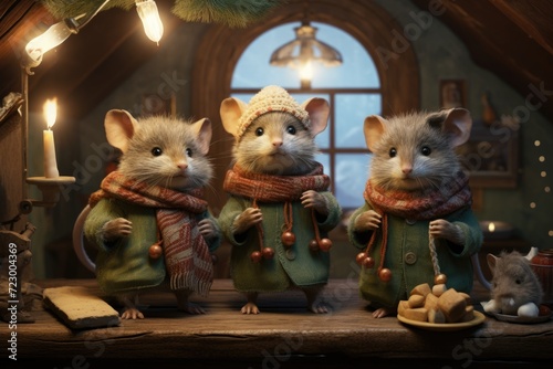 Cartoon Mice in Scarves Sharing Warm Moment