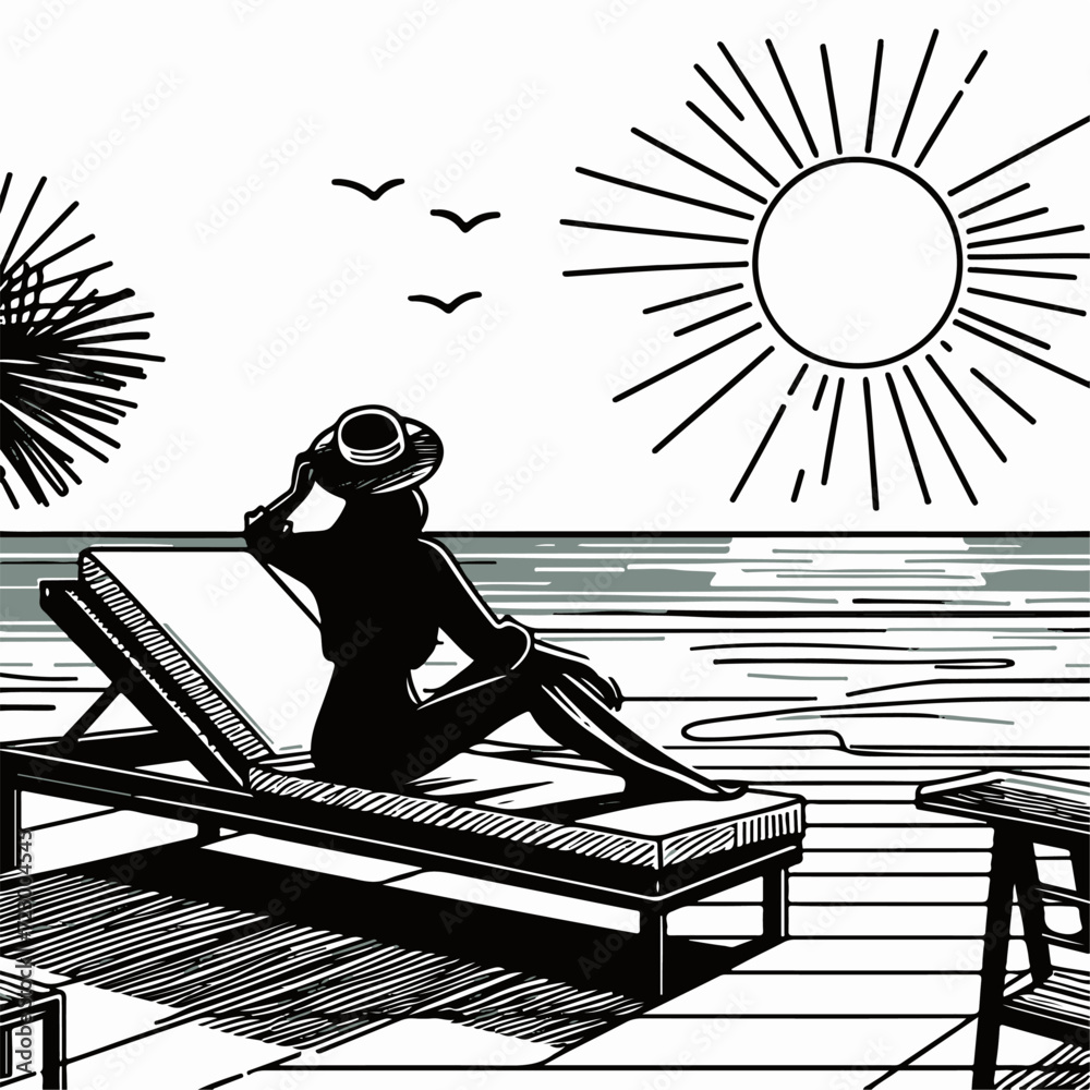 Obraz premium Woman sunbathing on a deck chair at the beach. Vector illustration.