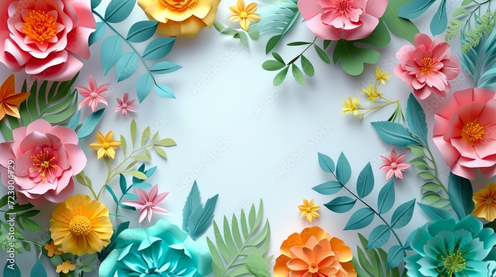Colorful paper flowers arranged in a circle on a white background