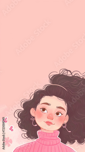 A girl with curly hair wearing a pink sweater