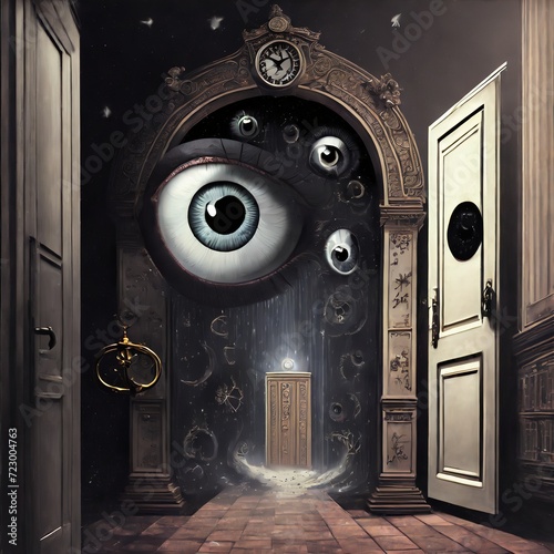 Colagens com elementos surrealistas, como olhos flutuantes, portas misteriosas e relógios derretidos, para adicionar um toque de estranheza e surpresa. photo