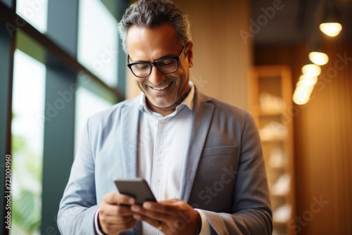 Businessman smiling at smartphone message