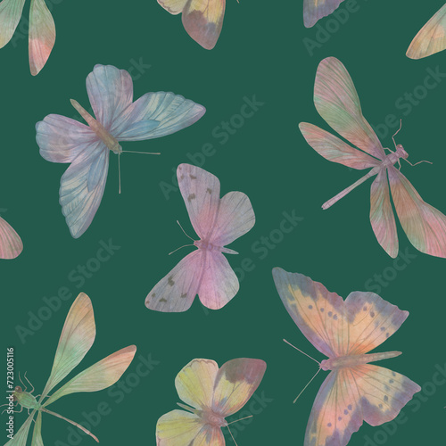 seamless pattern of colorful butterflies and dragonflies on a green background.