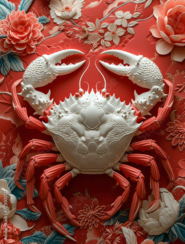 A white and red crab sculpture on a floral background. photo