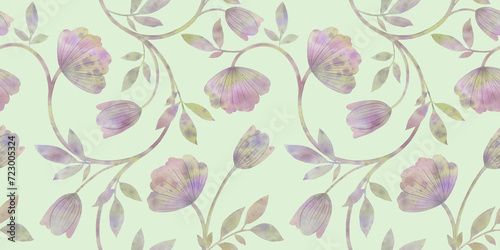 Abstract flower with leaves drawn in watercolor on a light yellow background for wrapping paper, wallpaper, textiles