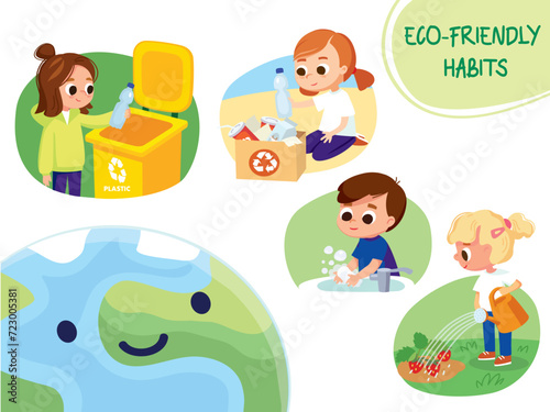 Eco friendly habits. Children, kids sorting waste, throw into the garbage bin. Eco friendly recycling illustration. Set of children doing waste sorting. Environmental protection.