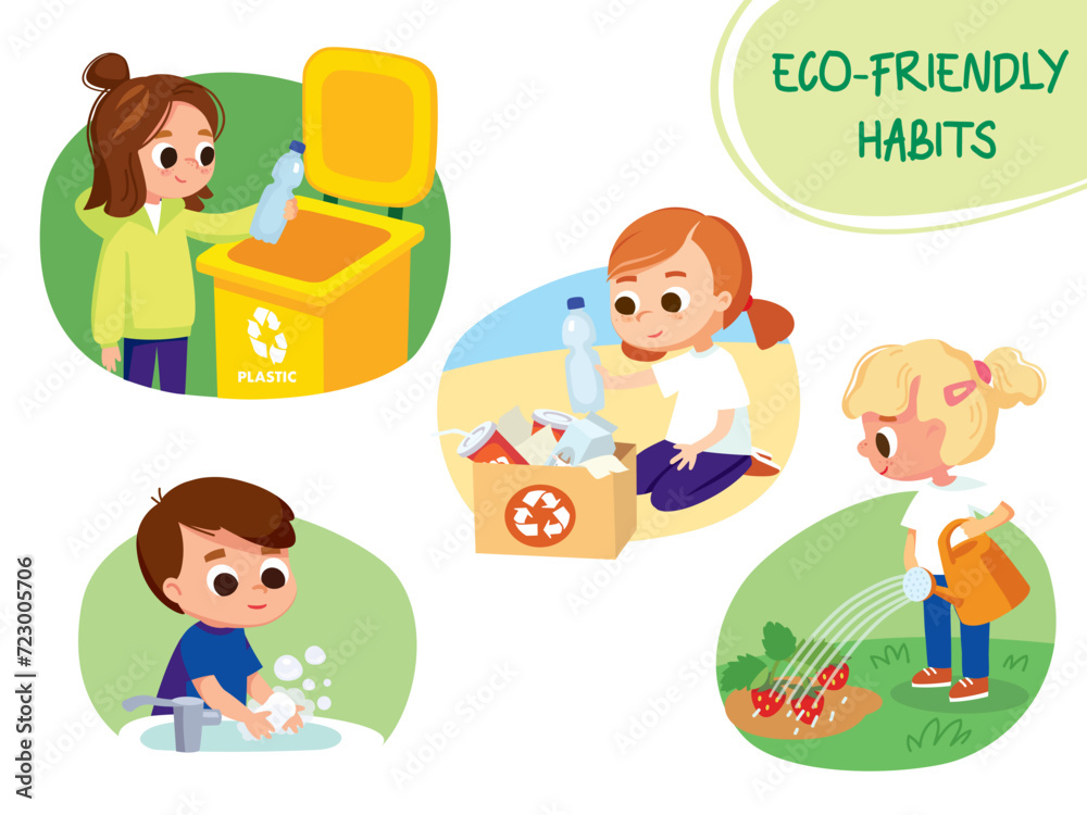 Eco friendly habits. Children, kids sorting waste, throw into the garbage bin. Eco friendly recycling illustration. Set of children doing waste sorting. Environmental protection. Eco friendly habits. Children, kids sorting waste, throw into the garbage bin. Eco friendly recycling illustration. Set of children doing waste sorting. Environmental protection.
