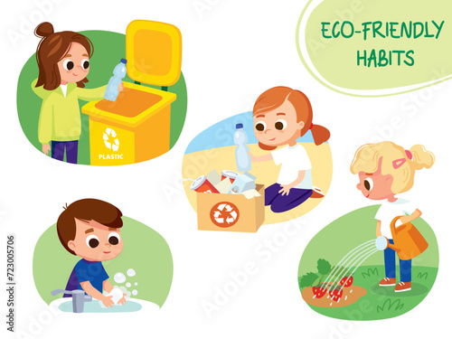 Eco friendly habits. Children, kids sorting waste, throw into the garbage bin. Eco friendly recycling illustration. Set of children doing waste sorting. Environmental protection.