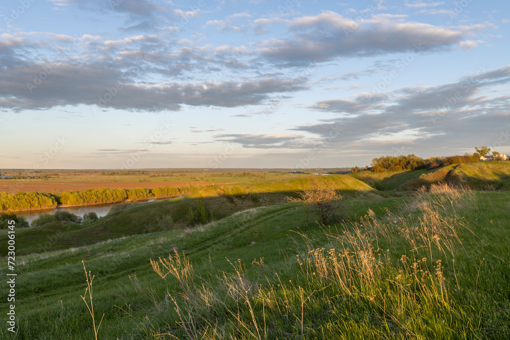 Fototapeta premium landscape with green grass in the countryside, blue evening sky with clouds over the horizon.