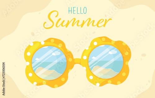 Summer Sunglasses poster design vector illustration. Hello summer banner. Sunglasses on the sand, bright summer background