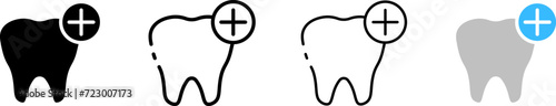 Tooth with plus icon set. Silhouette, linear and flat style. Vector icons.