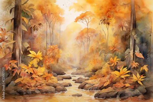 Watercolor painting of autumn forest with yellow leaves and water stream.