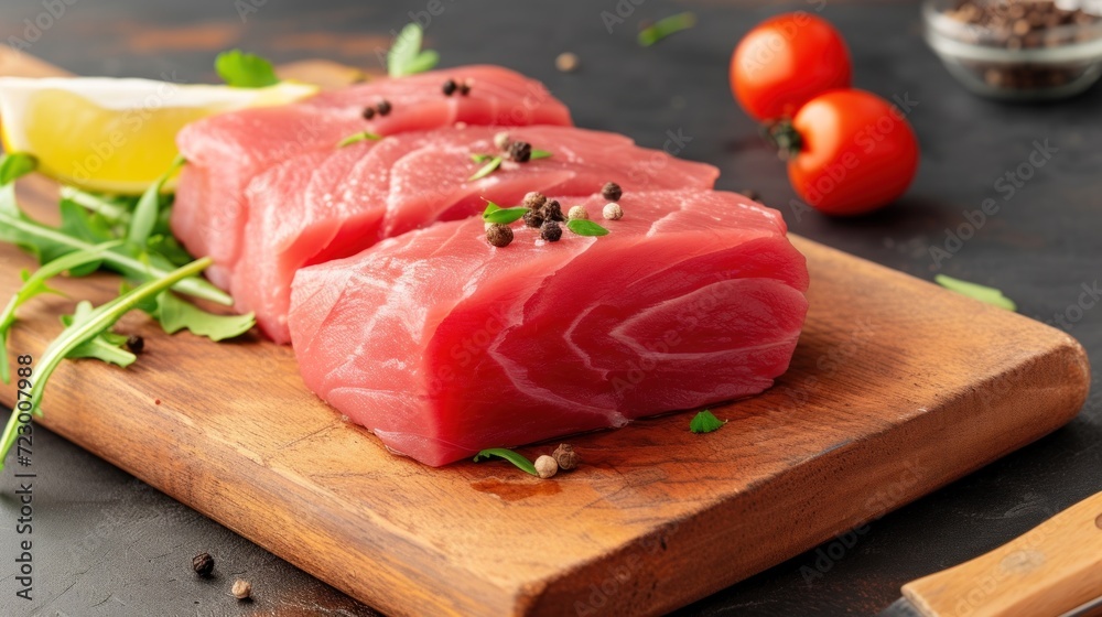 Fresh red tuna fish meat on wooden food board. AI generated image