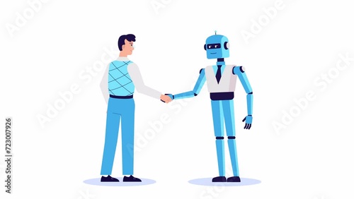 Man and robot shake hands animation. Interaction with artificial intelligence. Partnership, cooperation with AI. Cyborg Handshake With Human. Innovation concept, futuristic technology. Cartoon style