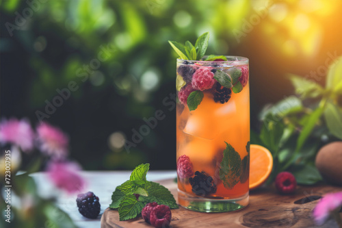 Delicious lemonade with soda water with fresh strawberry. Fresh summer cocktail. Red cocktail with soda and ice, green sunny summer garden background. Iced cold drink with fresh strawberry. Red refres