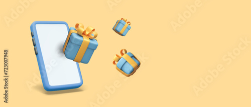 Concept of collecting gifts in phone application. Advertising of event, bonus program, special offer
