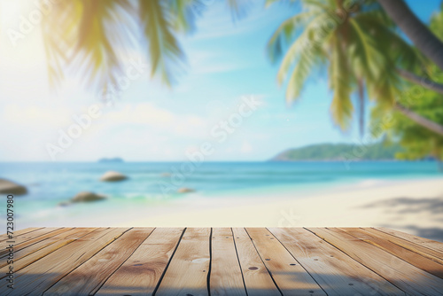 Empty wooden table top with view tropical beach.