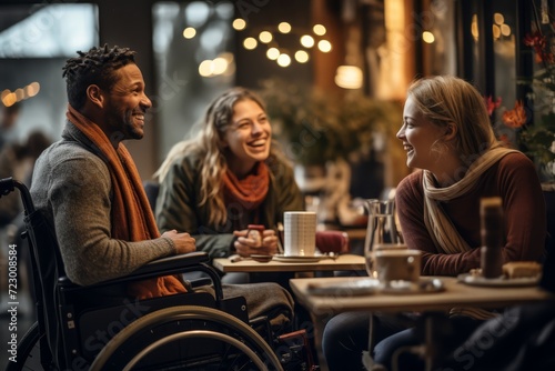 smiling people in wheelchairs discuss topics in a cafe