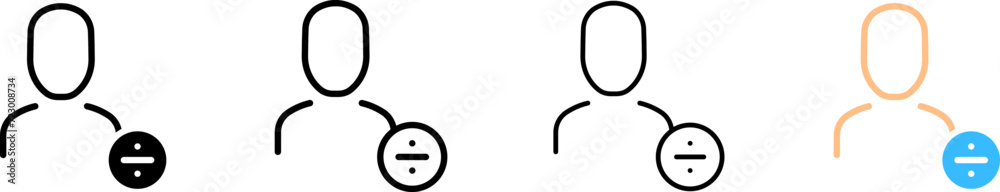 Person and division sign icon set. Silhouette, linear, and flat style. Vector icons.