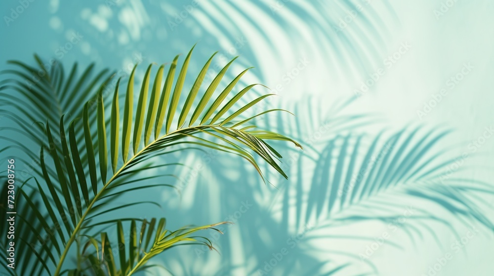 Palm tree leaves and green foliage create a lush canopy.
