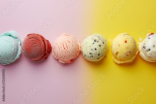 Five colorful ice cream scoops in a row on a pastel yellow and pink background.