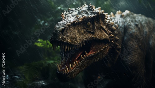 Dinosaur in rain running through the jungle