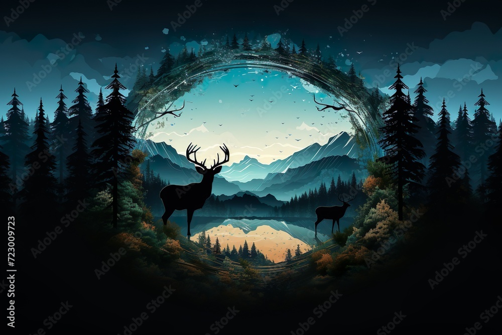silhouette of reindeer in the forest generative ai